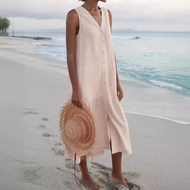 Femme Robe Midi Sans Manches avec Col en V et Boutonnage