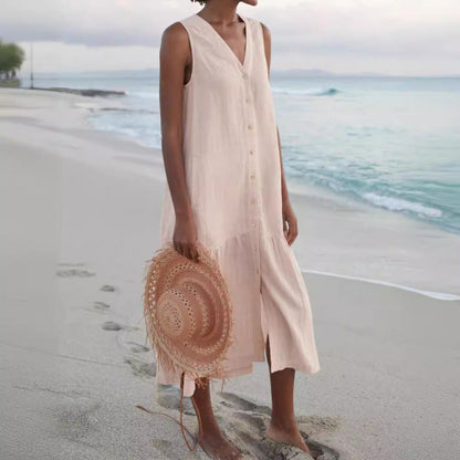 Femme Robe Midi Sans Manches avec Col en V et Boutonnage