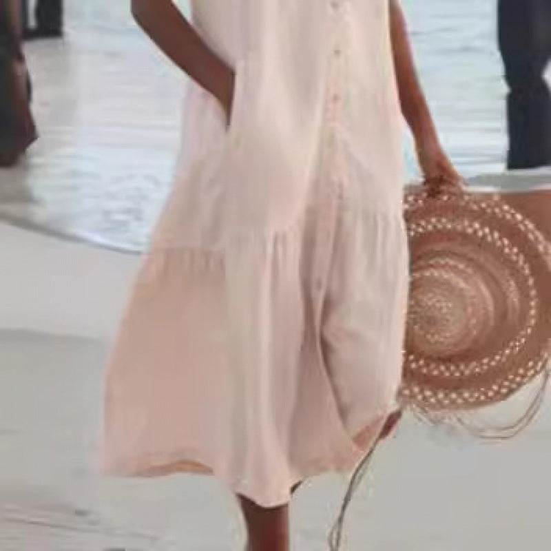 Femme Robe Midi Sans Manches avec Col en V et Boutonnage