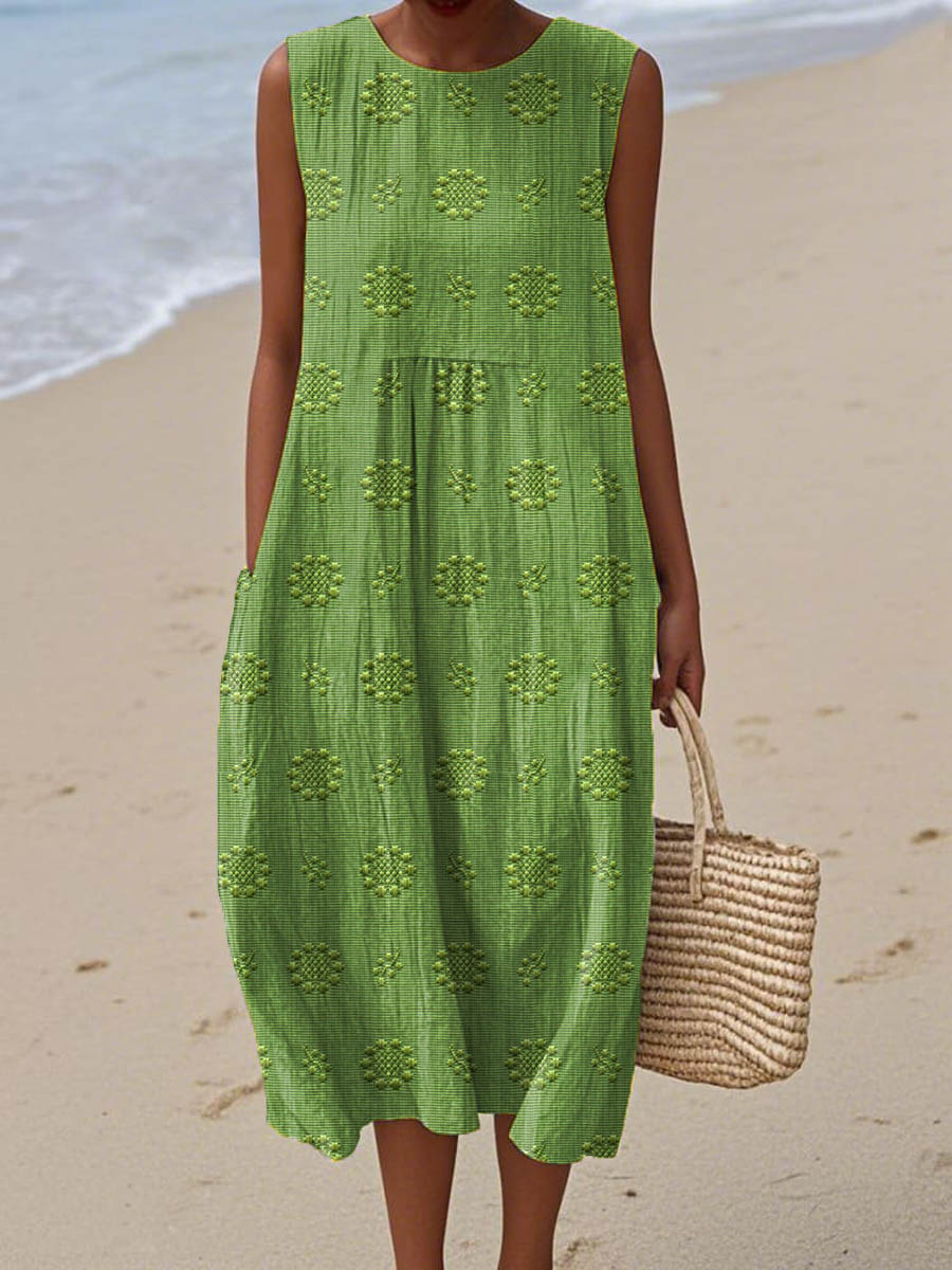 Femme Robe Midi Sans Manches avec Col Rond, Broderies Florales et Poches