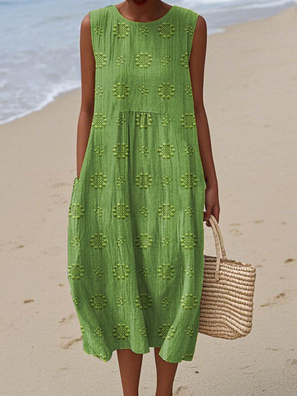 Women's Sleeveless Midi Dress with Round Neck, Floral Embroidery, and Pockets - 2