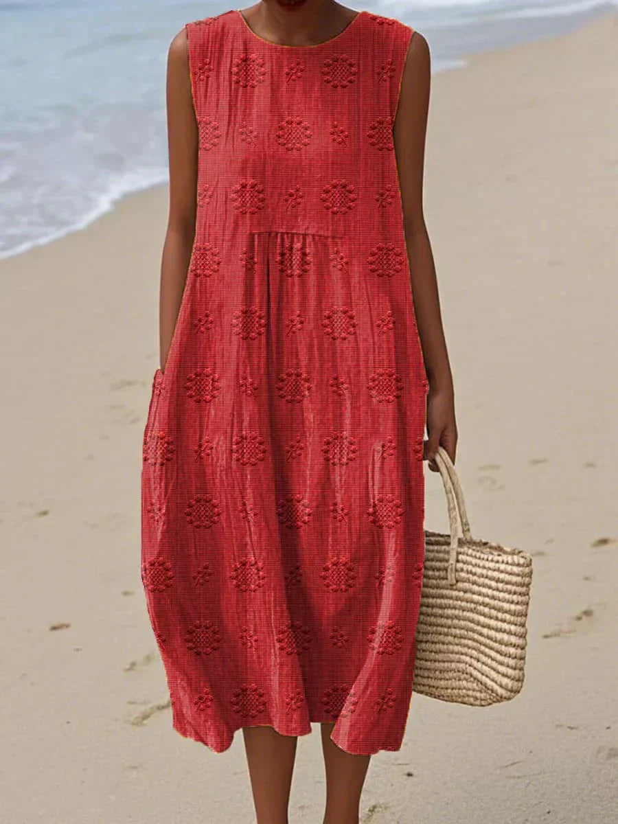 Femme Robe Midi Sans Manches avec Col Rond, Broderies Florales et Poches