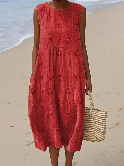 Women's Sleeveless Midi Dress with Round Neck, Floral Embroidery, and Pockets - 6