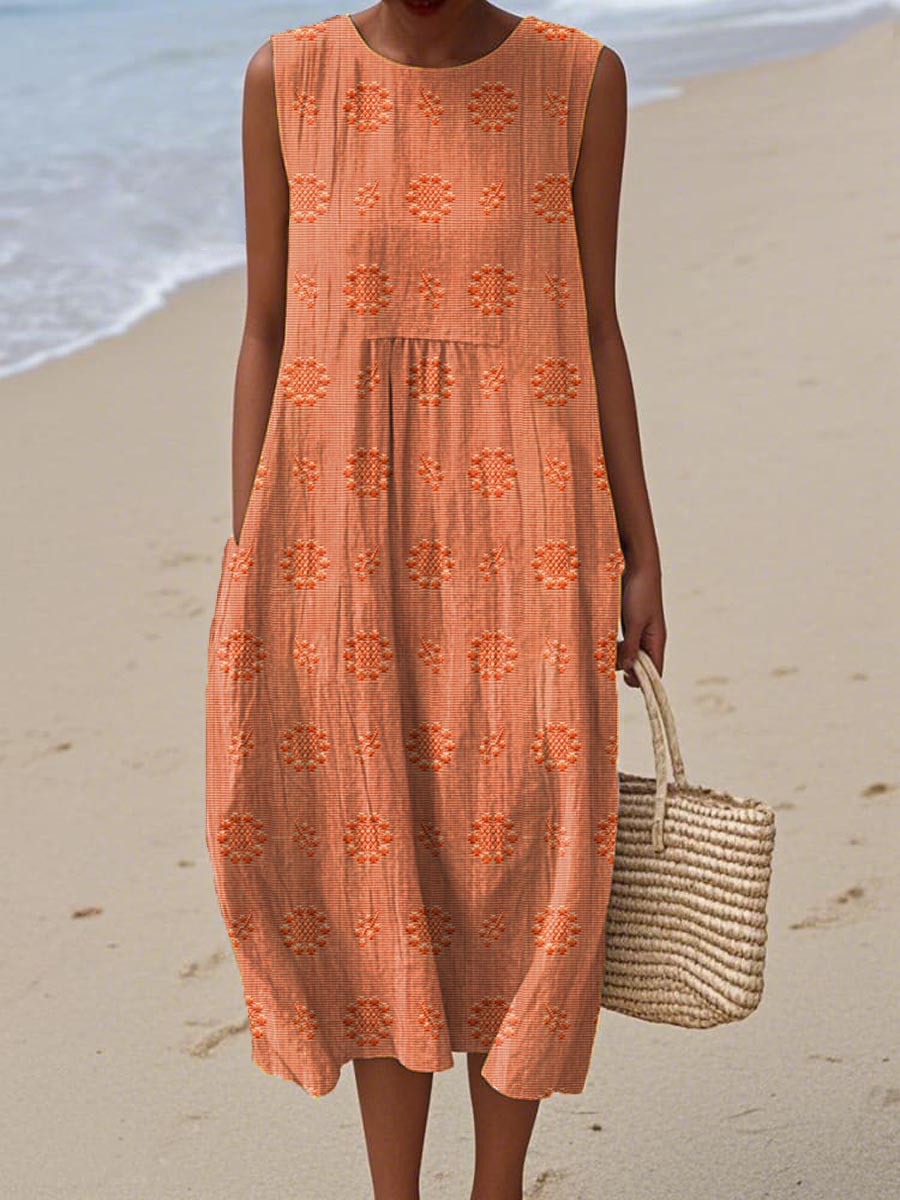 Femme Robe Midi Sans Manches avec Col Rond, Broderies Florales et Poches