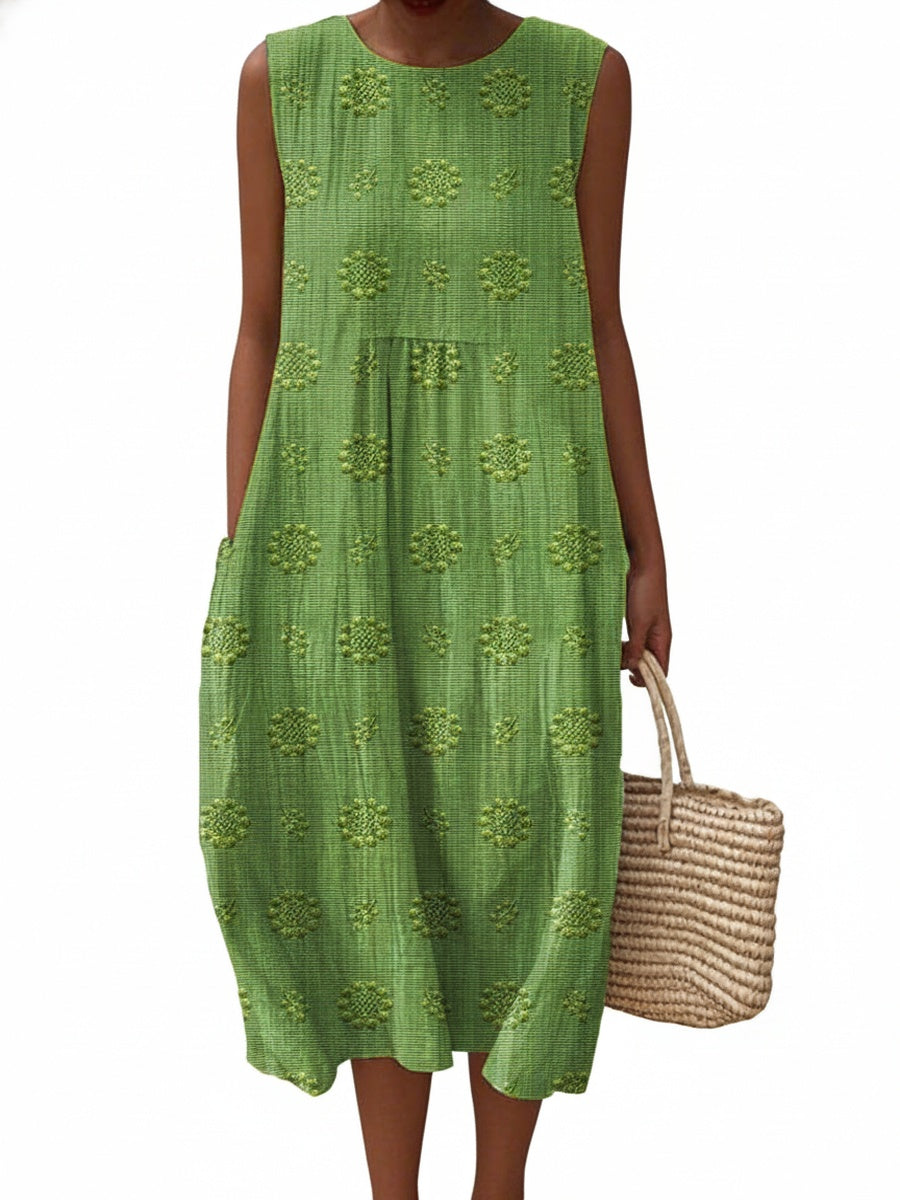 Femme Robe Midi Sans Manches avec Col Rond et Broderies Florales