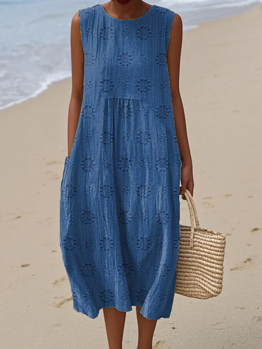 Femme Robe Midi Sans Manches avec Col Rond et Broderies Florales
