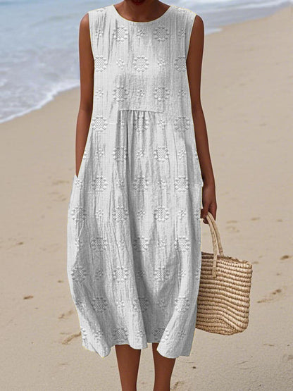 Femme Robe Midi Sans Manches avec Col Rond et Broderies Florales