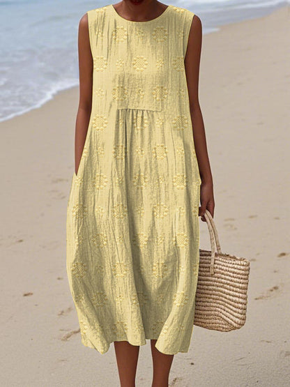 Femme Robe Midi Sans Manches avec Col Rond et Broderies Florales