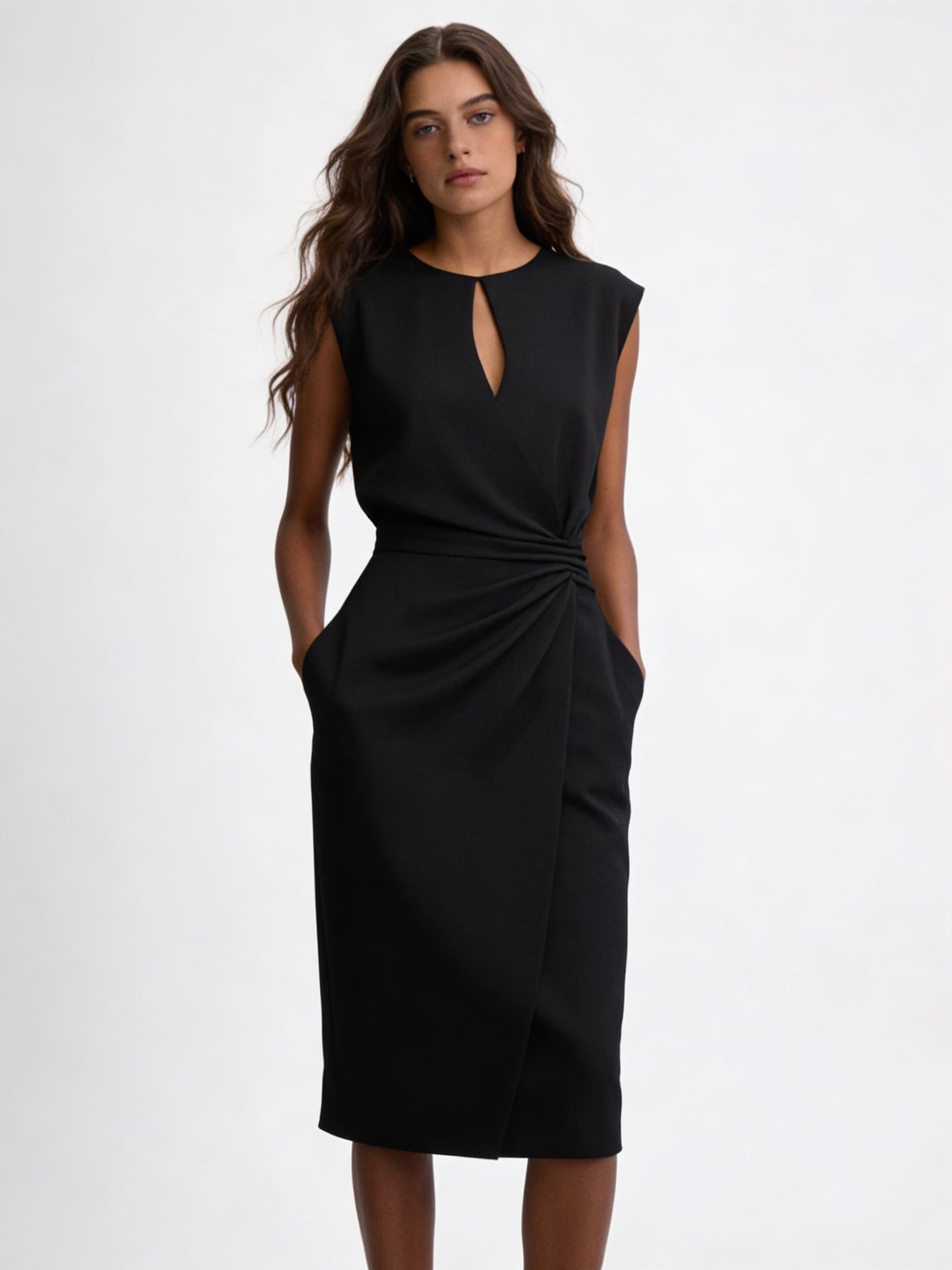 Femme Robe Midi Sans Manches avec Décolleté Keyhole et Drapé 5