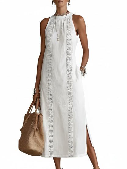 Femme Robe Midi Sans Manches col Montant avec Bandes Brodées et Fentes Latérales