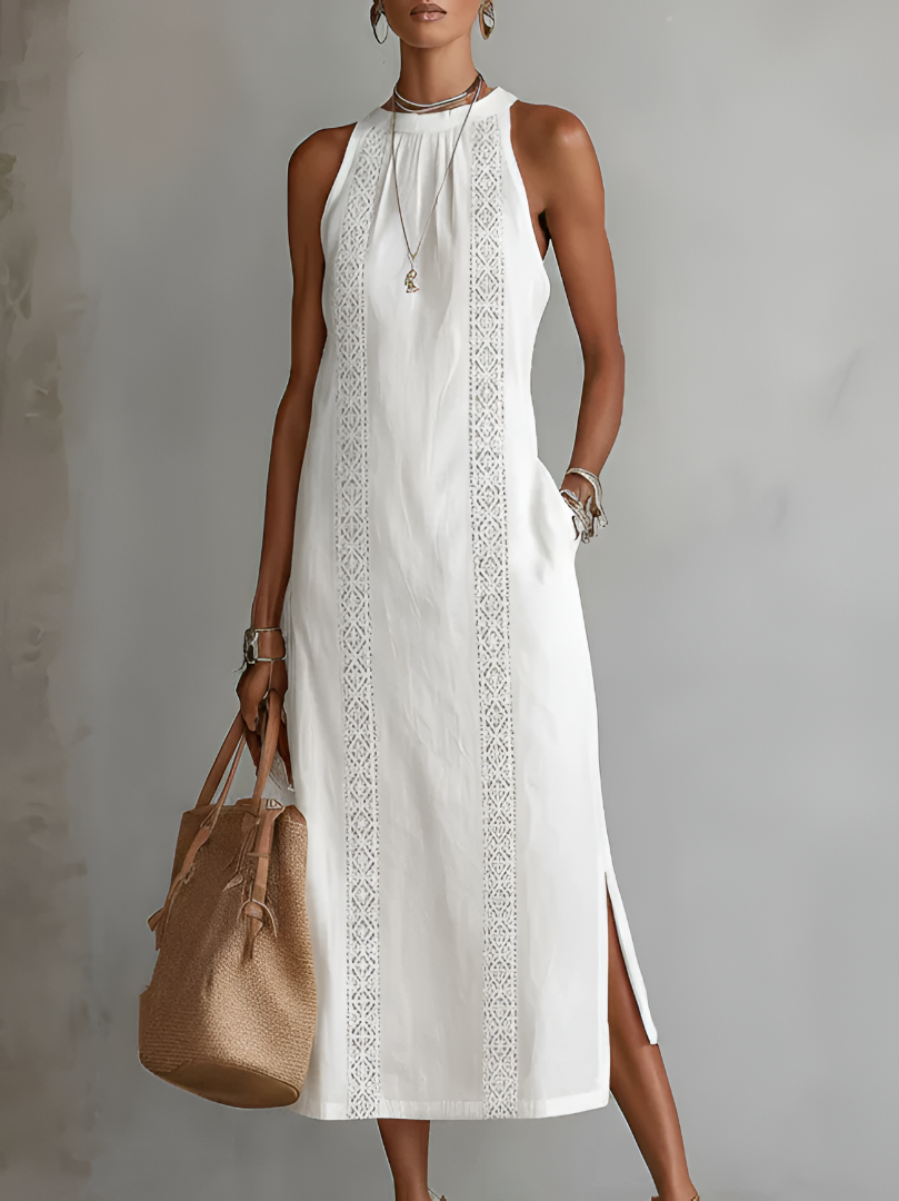Femme Robe Midi Sans Manches col Montant avec Bandes Brodées et Fentes Latérales
