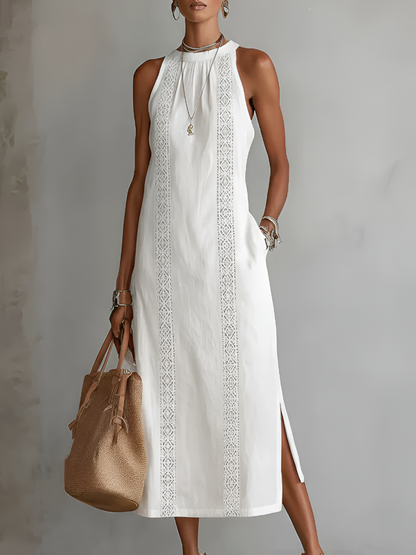 Femme Robe Midi Sans Manches col Montant avec Bandes Brodées et Fentes Latérales