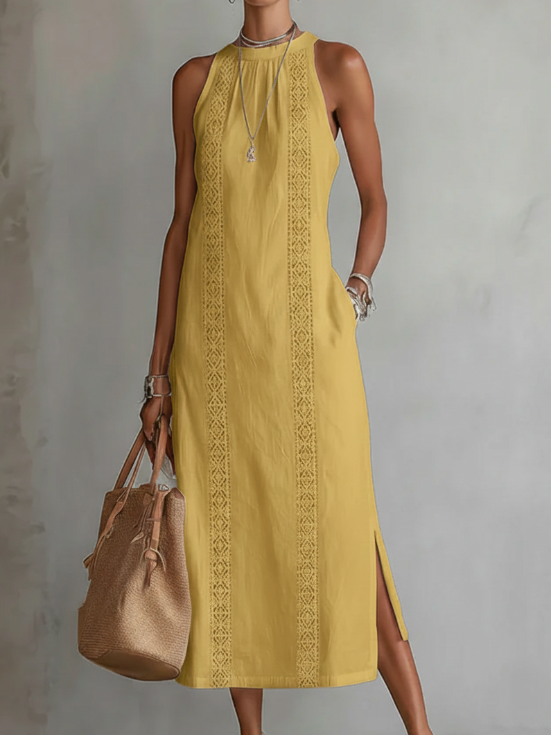 Femme Robe Midi Sans Manches col Montant avec Bandes Brodées et Fentes Latérales