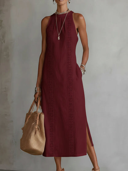 Femme Robe Midi Sans Manches col Montant avec Bandes Brodées et Fentes Latérales