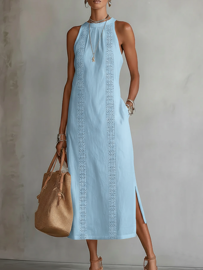 Femme Robe Midi Sans Manches col Montant avec Bandes Brodées et Fentes Latérales