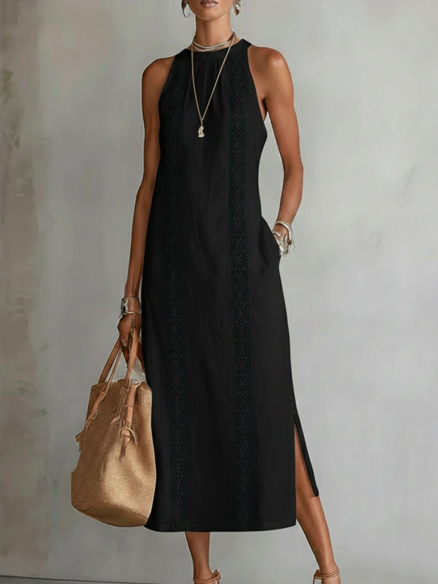 Femme Robe Midi Sans Manches col Montant avec Bandes Brodées et Fentes Latérales