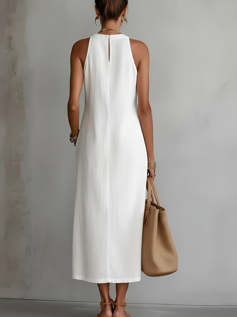 Femme Robe Midi Sans Manches col Montant avec Bandes Brodées et Fentes Latérales