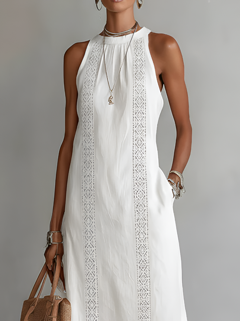 Femme Robe Midi Sans Manches col Montant avec Bandes Brodées et Fentes Latérales