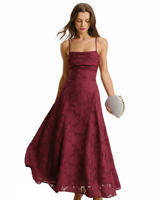 Femme Robe Midi sans Manches en A-ligne avec Col Carré et Dos Lacé