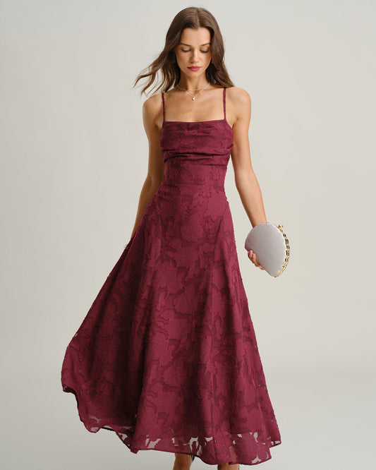 Femme Robe Midi sans Manches en A-ligne avec Col Carré et Dos Lacé