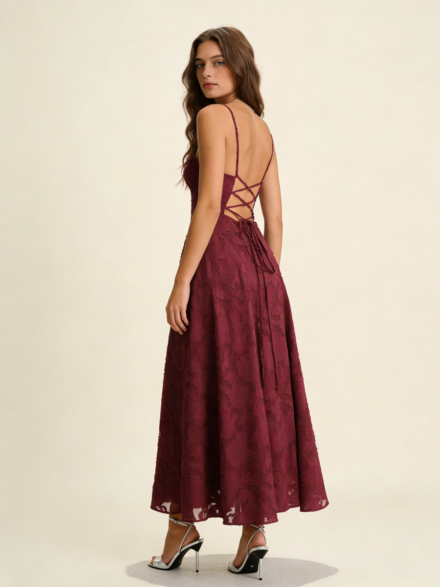 Femme Robe Midi sans Manches en A-ligne avec Col Carré et Dos Lacé 2