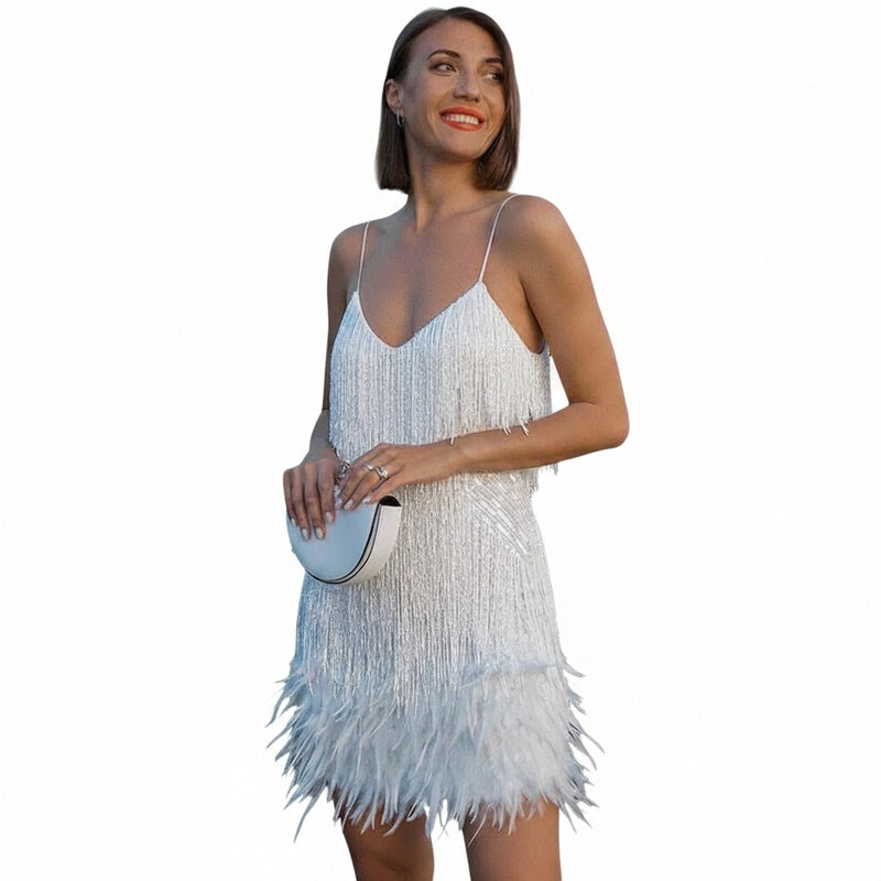 Femme Robe Mini à Franges Scintillantes avec Col en V et Bordure Plumes
