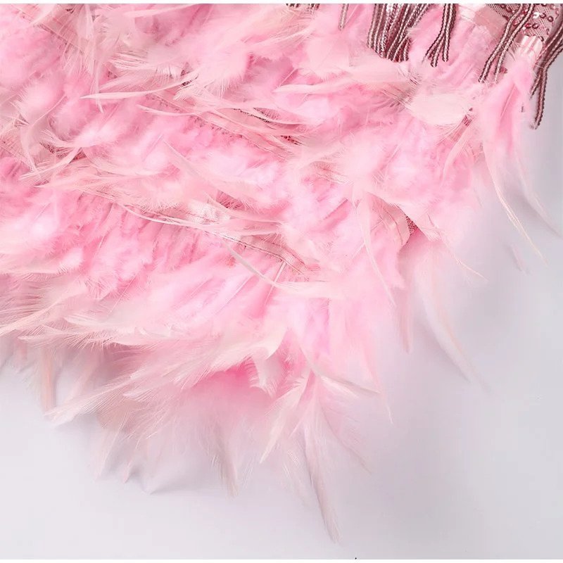 Femme Robe Mini à Franges Scintillantes avec Col en V et Bordure Plumes