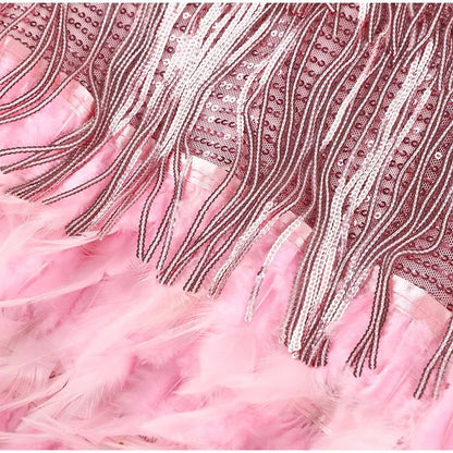 Women’s Mini Dress with Shimmering Fringes, V-Neck and Feather Trim - 11