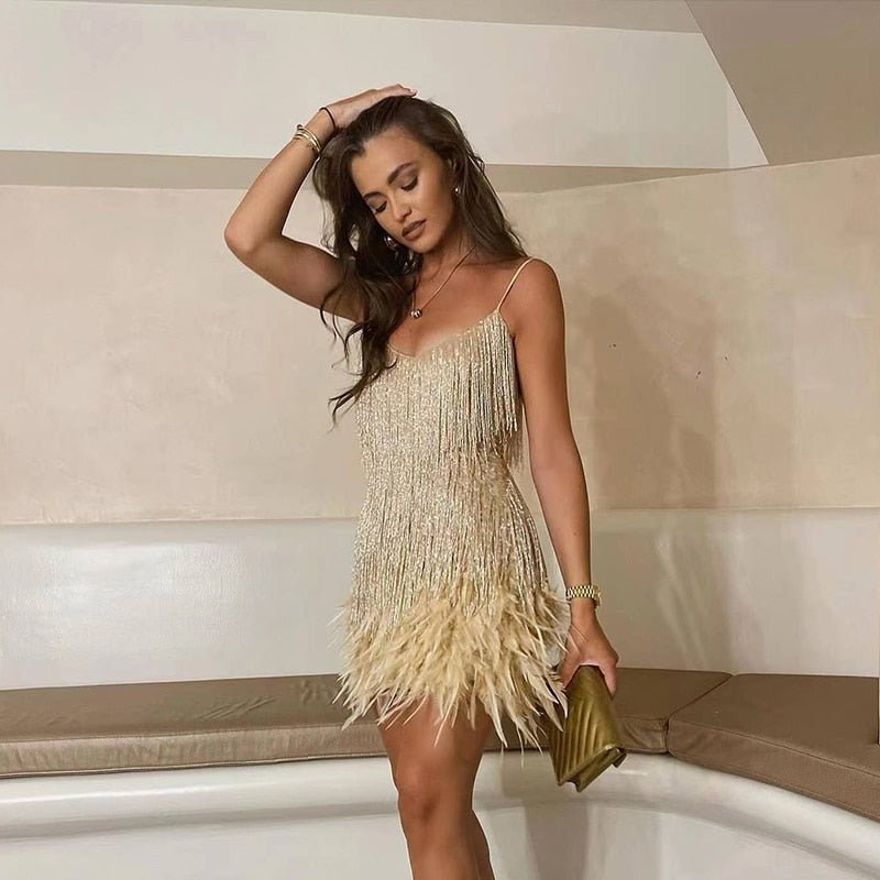 Women’s Mini Dress with Shimmering Fringes, V-Neck and Feather Trim - 5