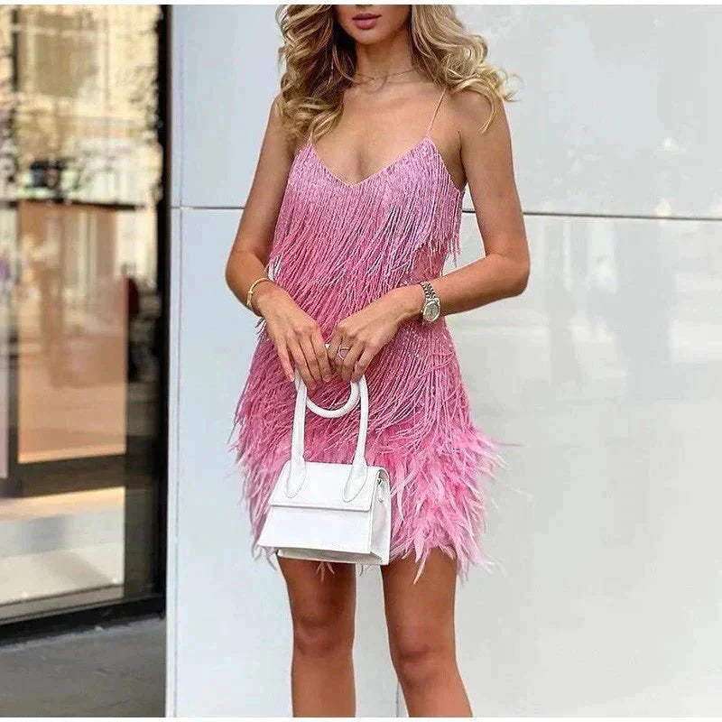 Femme Robe Mini à Franges Scintillantes avec Col en V et Bordure Plumes
