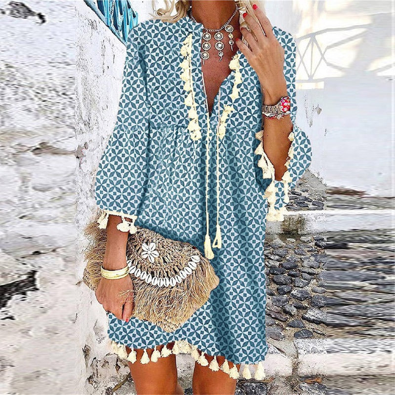 Femme Robe Mini Bohème à Col en V avec Manches Trois-Quarts et Franges