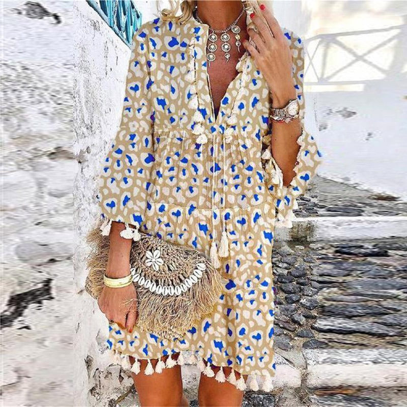 Women's Mini Bohemian Dress with V-Neck, Three-Quarter Sleeves, and Fringes - 3