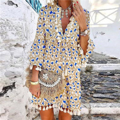 Women's Mini Bohemian Dress with V-Neck, Three-Quarter Sleeves, and Fringes - 3