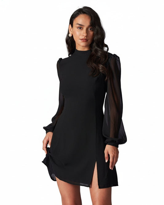 Femme Robe Mini Col Montant avec Manches Bouffantes Transparentes et Fente