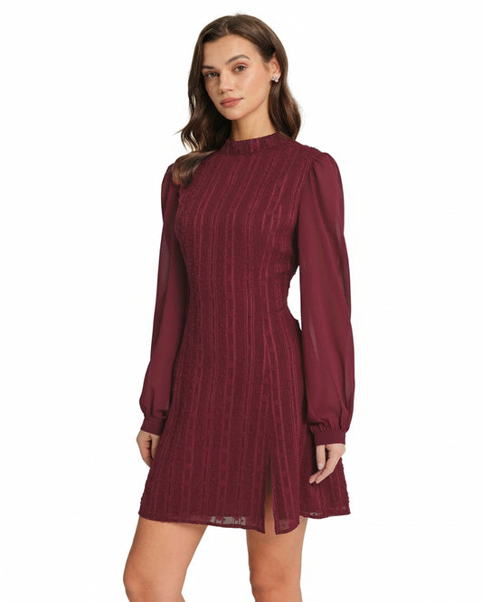 Femme Robe Mini Manches Longues à Col Montant et Silhouette A-line