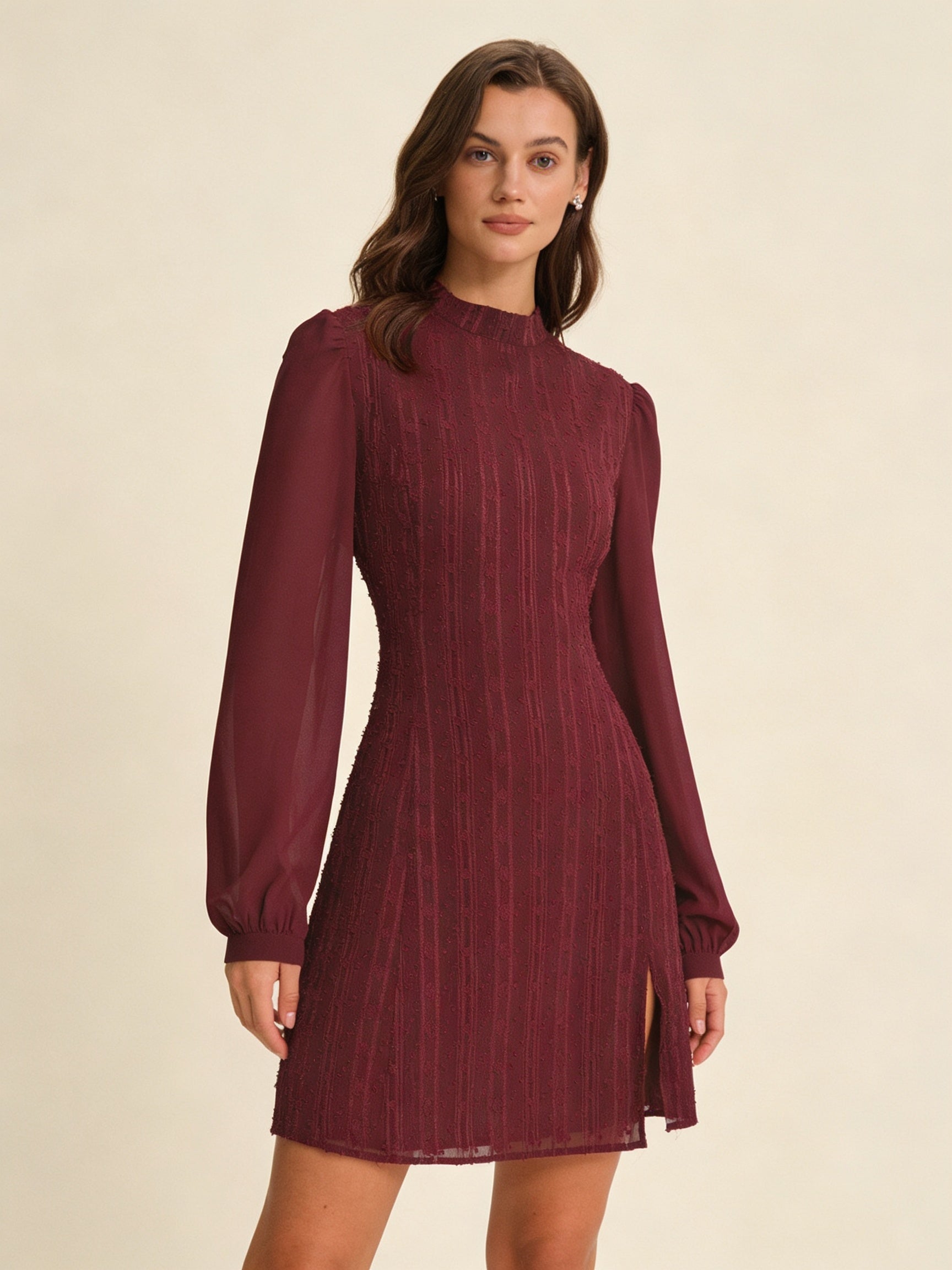 Femme Robe Mini Manches Longues à Col Montant et Silhouette A-line 1