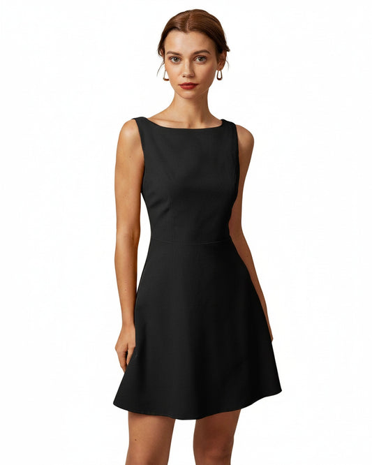 Femme Robe Mini Sans Manches col Bateau Taille Haute Ligne A avec Dos Nu