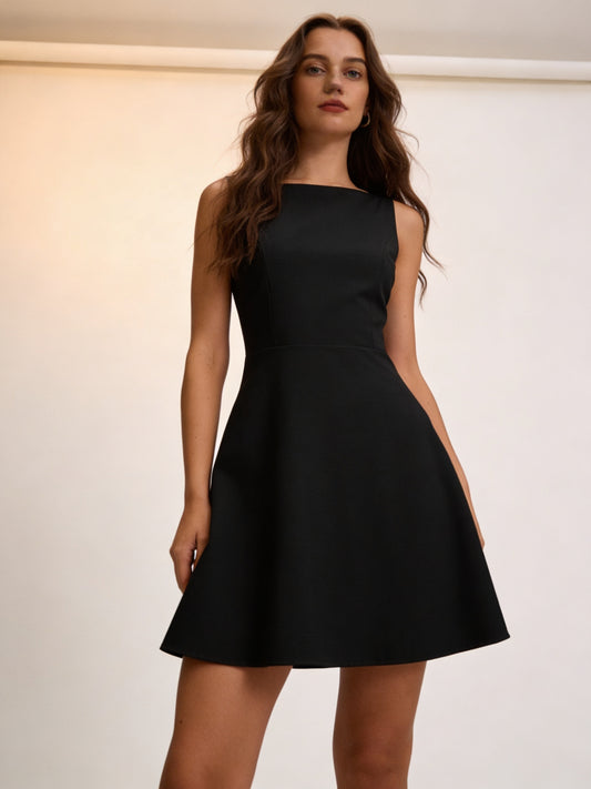 Femme Robe Mini Sans Manches col Bateau Taille Haute Ligne A avec Dos Nu 1