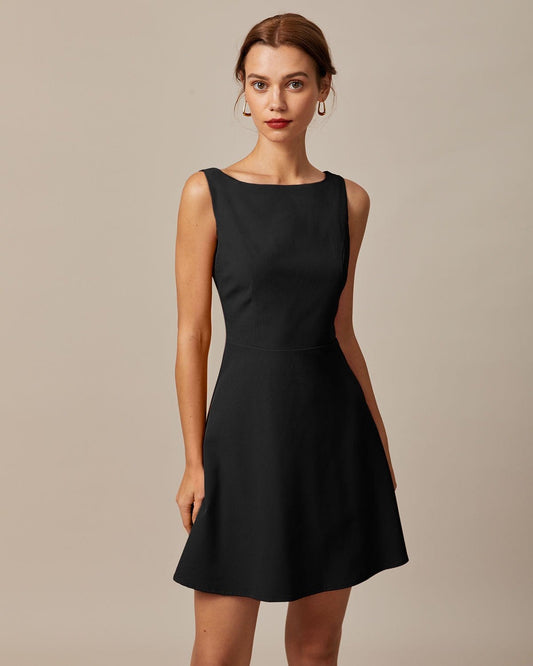 Femme Robe Mini Sans Manches col Bateau Taille Haute Ligne A avec Dos Nu