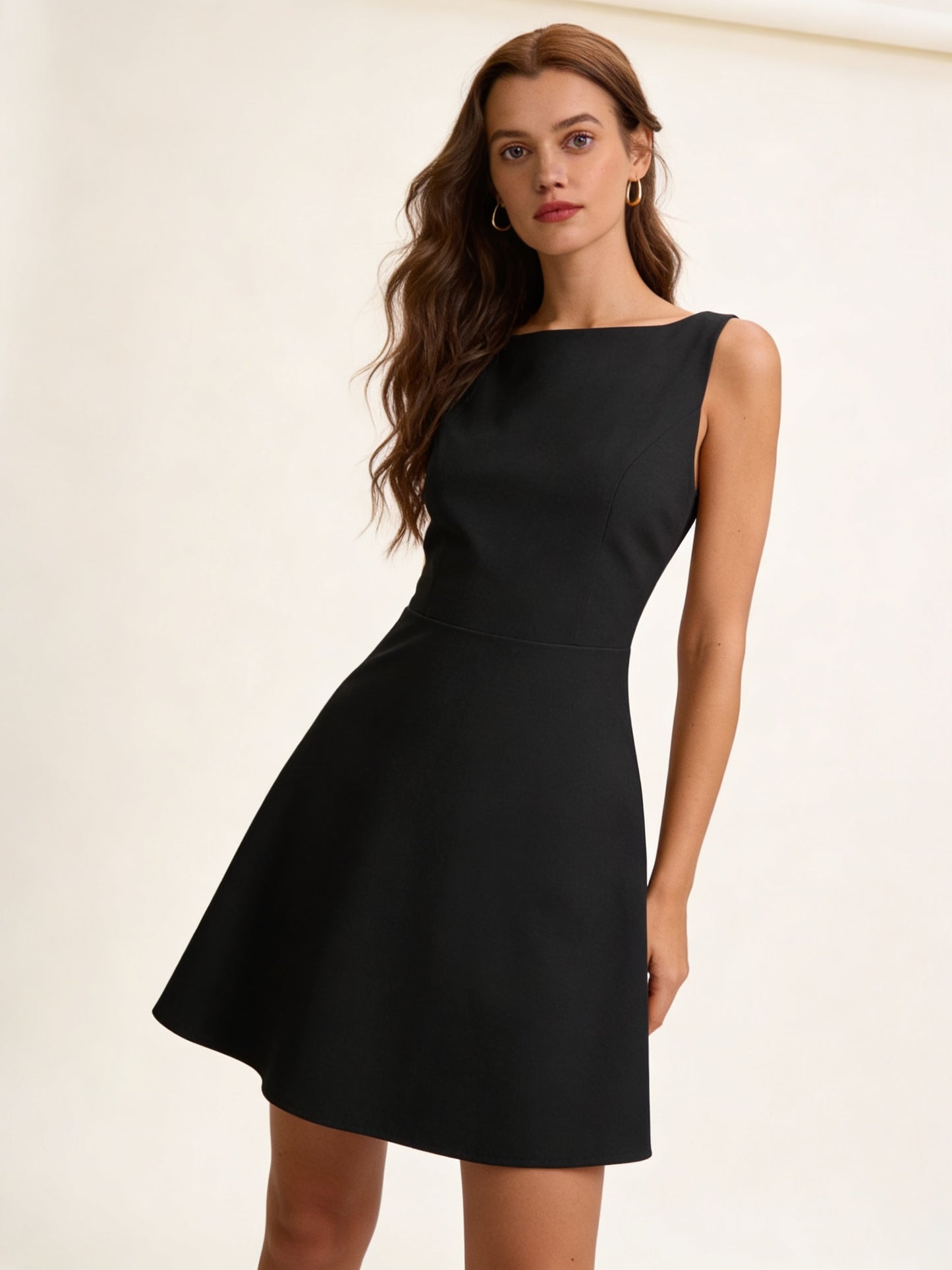 Femme Robe Mini Sans Manches col Bateau Taille Haute Ligne A avec Dos Nu 3