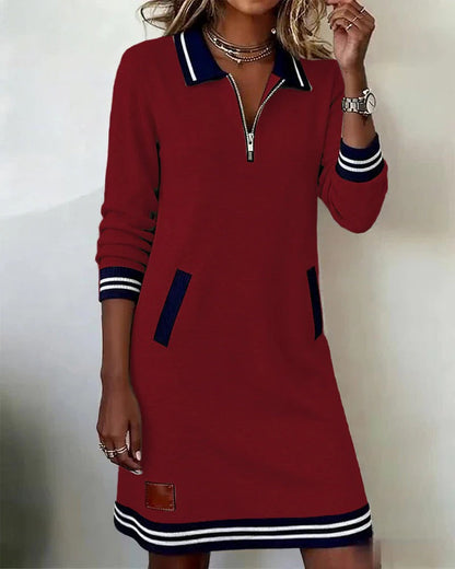 Women's Long Sleeve Polo Dress with Collared Neck and Zipper Closure - 7