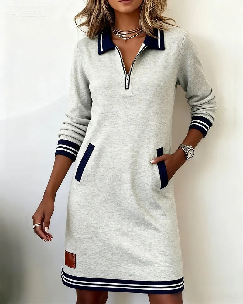 Femme Robe Polo Manches Longues avec Col à Revers et Fermeture Éclair
