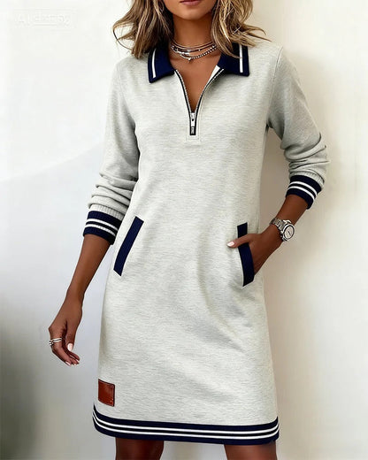 Women's Long Sleeve Polo Dress with Collared Neck and Zipper Closure - 11