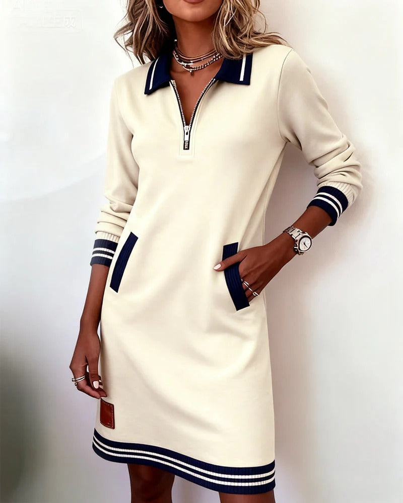 Femme Robe Polo Manches Longues avec Col à Revers et Fermeture Éclair