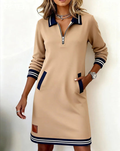 Women's Long Sleeve Polo Dress with Collared Neck and Zipper Closure - 13