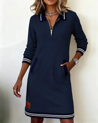 Women's Long Sleeve Polo Dress with Collared Neck and Zipper Closure - 14