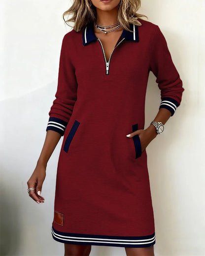 Women's Long Sleeve Polo Dress with Collared Neck and Zipper Closure - 16
