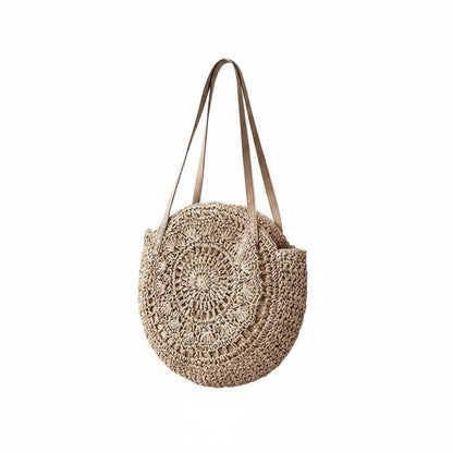 Femme Sac Tote Rond Tressé avec Anses en Imitation Cuir
