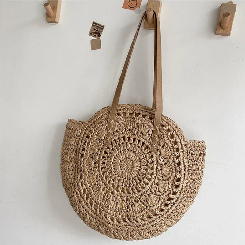 Femme Sac Tote Rond Tressé avec Anses en Imitation Cuir