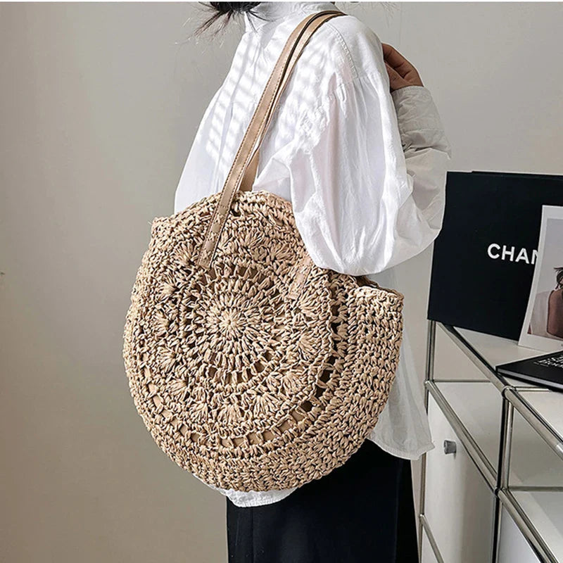 Femme Sac Tote Rond Tressé avec Anses en Imitation Cuir